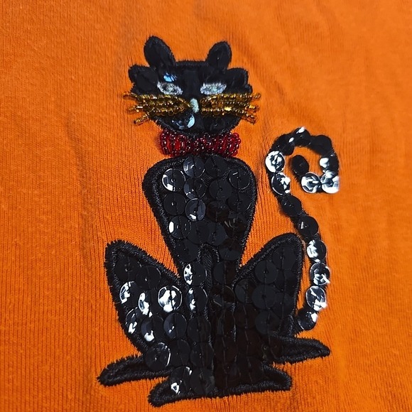 Vintage White Stag‎ Halloween Black Cat Women's Orange Top Large L Sequin Detail - Picture 2 of 8